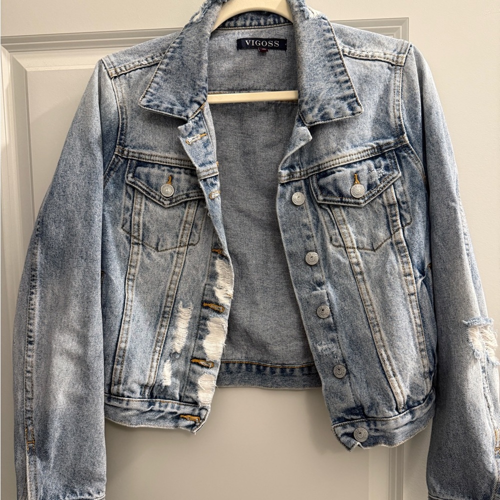 Vigoss Women's Light Blue Distressed Denim Jacket